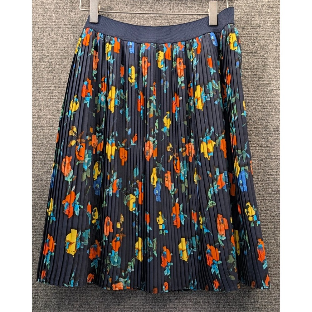Merona Floral Accordion Pleated Midi Skirt Women’s M Navy Orange Yellow Elastic
